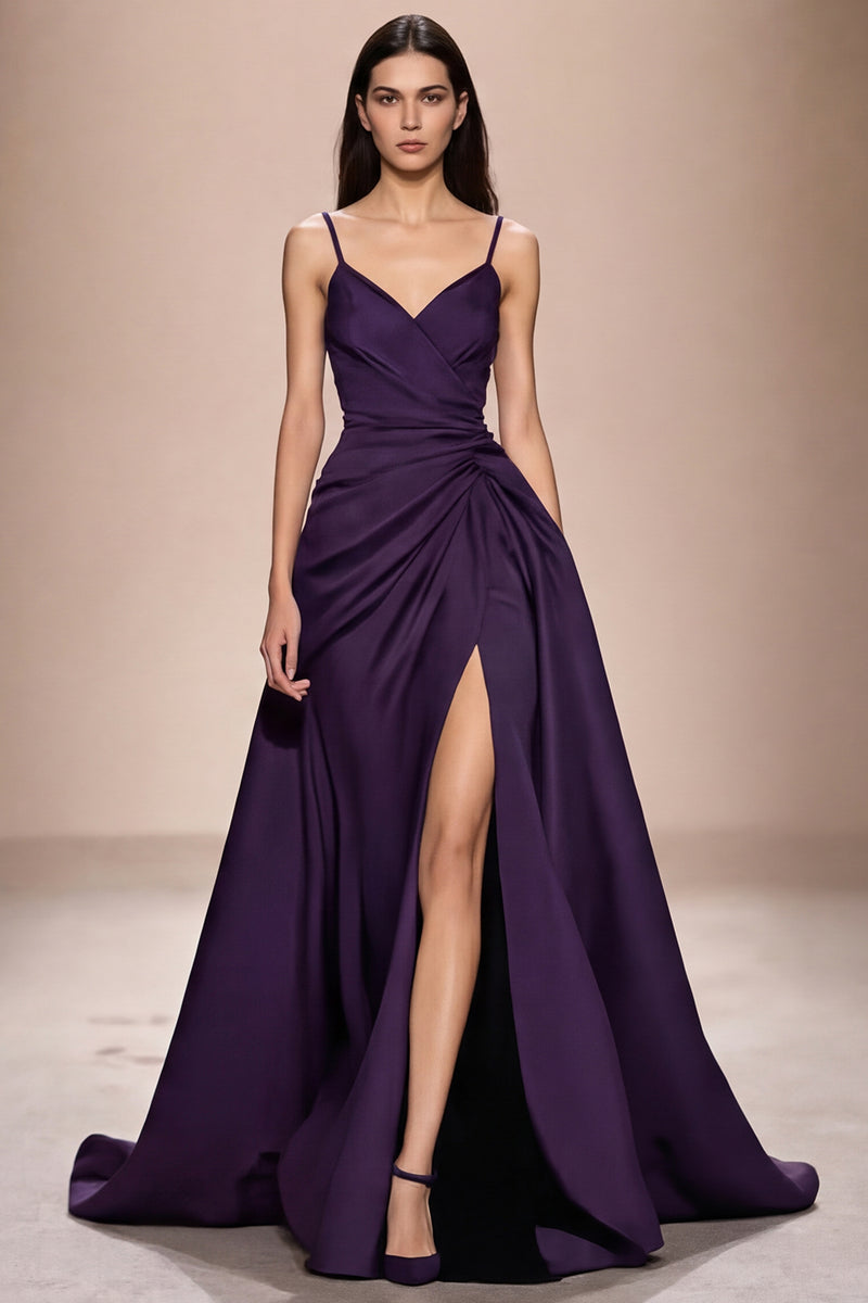 Laden Sie das Bild in den Galerie-Viewer, Dunkelblaues Spaghettiträgern Abendkleid aus Satin in A-Linie mit Schlitz