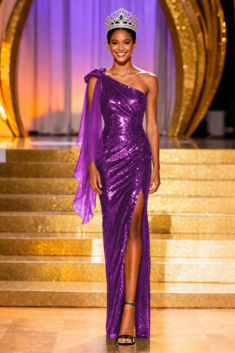 Laden Sie das Bild in den Galerie-Viewer, Glitzerndes Dunkelgrünes Pailletten Meerjungfrauen Einschulter Ballkleid mit Schlitz