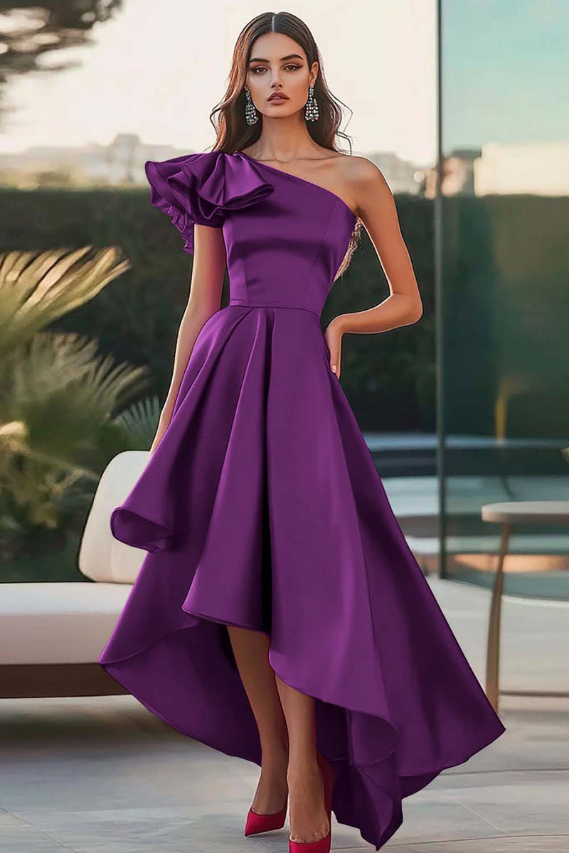 Laden Sie das Bild in den Galerie-Viewer, Fuchsia Eine Schulter High-Low Satin Ballkleid in A-Linie