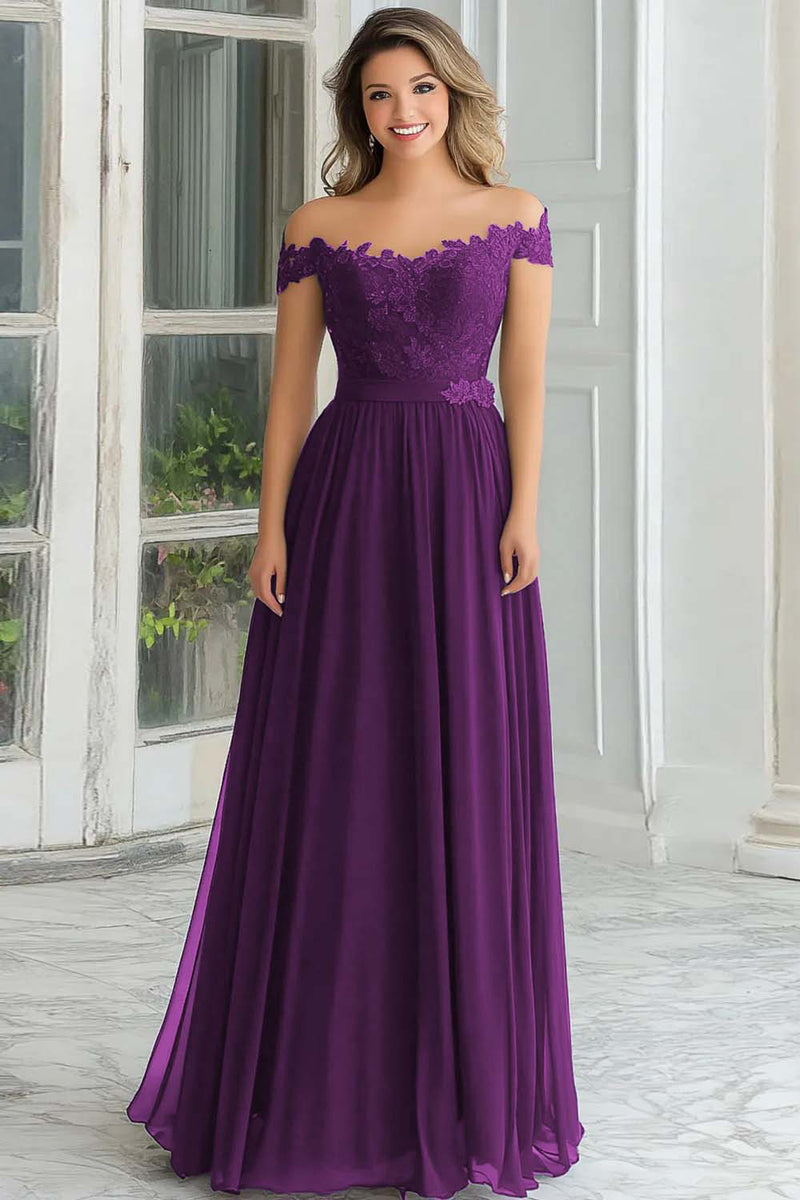 Laden Sie das Bild in den Galerie-Viewer, Elegantes Langes A-Linie Schulterfreies Marineblaues Chiffon Brautmutterkleid mit Spitzenapplikationen