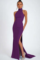 Laden Sie das Bild in den Galerie-Viewer, Himmelblaues Neckholder Satin Meerjungfrauen Ballkleid mit Schlitz