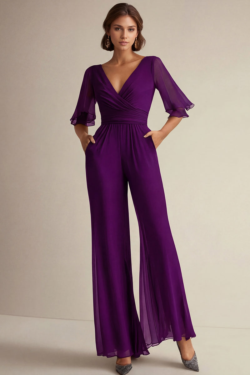 Laden Sie das Bild in den Galerie-Viewer, Marineblaue Chiffon Overalls für die Brautmutter mit V-Ausschnitt und halben Ärmeln
