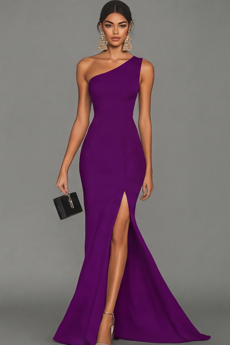 Laden Sie das Bild in den Galerie-Viewer, Meerjungfrau Schwarzes formelles One-Shoulder-Kleid mit Schlitz