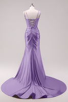 Laden Sie das Bild in den Galerie-Viewer, Fuchsia Meerjungfrau Spaghettiträger Korsett Pailletten Ballkleid mit Schlitz