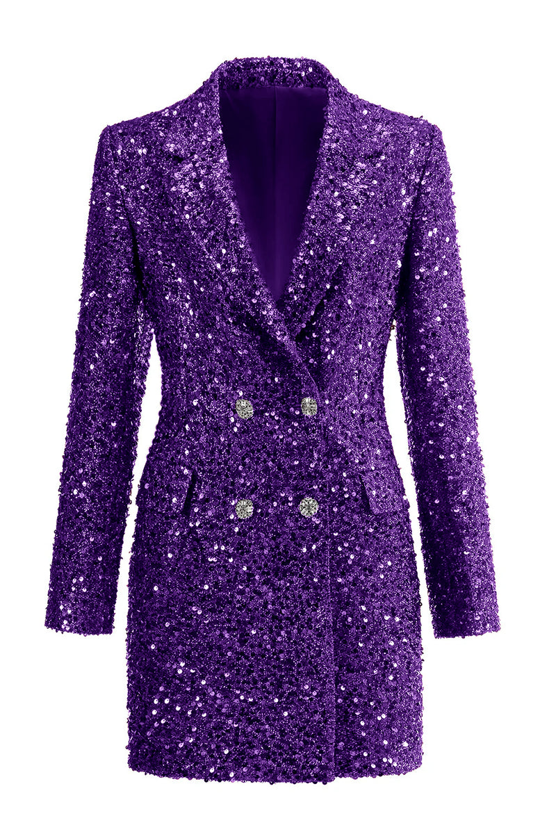 Laden Sie das Bild in den Galerie-Viewer, Glitzernder fuchsia langer Damenblazer mit Kerbe