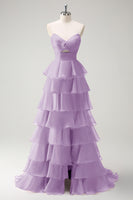 Laden Sie das Bild in den Galerie-Viewer, Orange Herzausschnitt Prinzessin Gestuftes Langes Ballkleid mit Schlitz