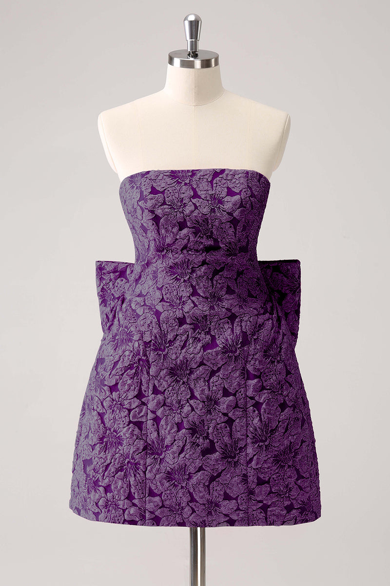 Laden Sie das Bild in den Galerie-Viewer, Fuchsia A Linie Blumen trägerloses kurzes Abiballkleid mit Schleife