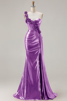 Laden Sie das Bild in den Galerie-Viewer, Metallisches Burgunderrotes Meerjungfrauen Langes Ballkleid mit seitlichem Schlitz und 3D-Blumen