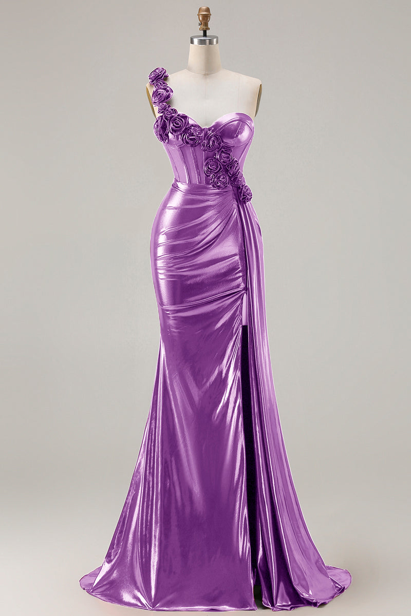 Laden Sie das Bild in den Galerie-Viewer, Metallisches Burgunderrotes Meerjungfrauen Langes Ballkleid mit seitlichem Schlitz und 3D-Blumen