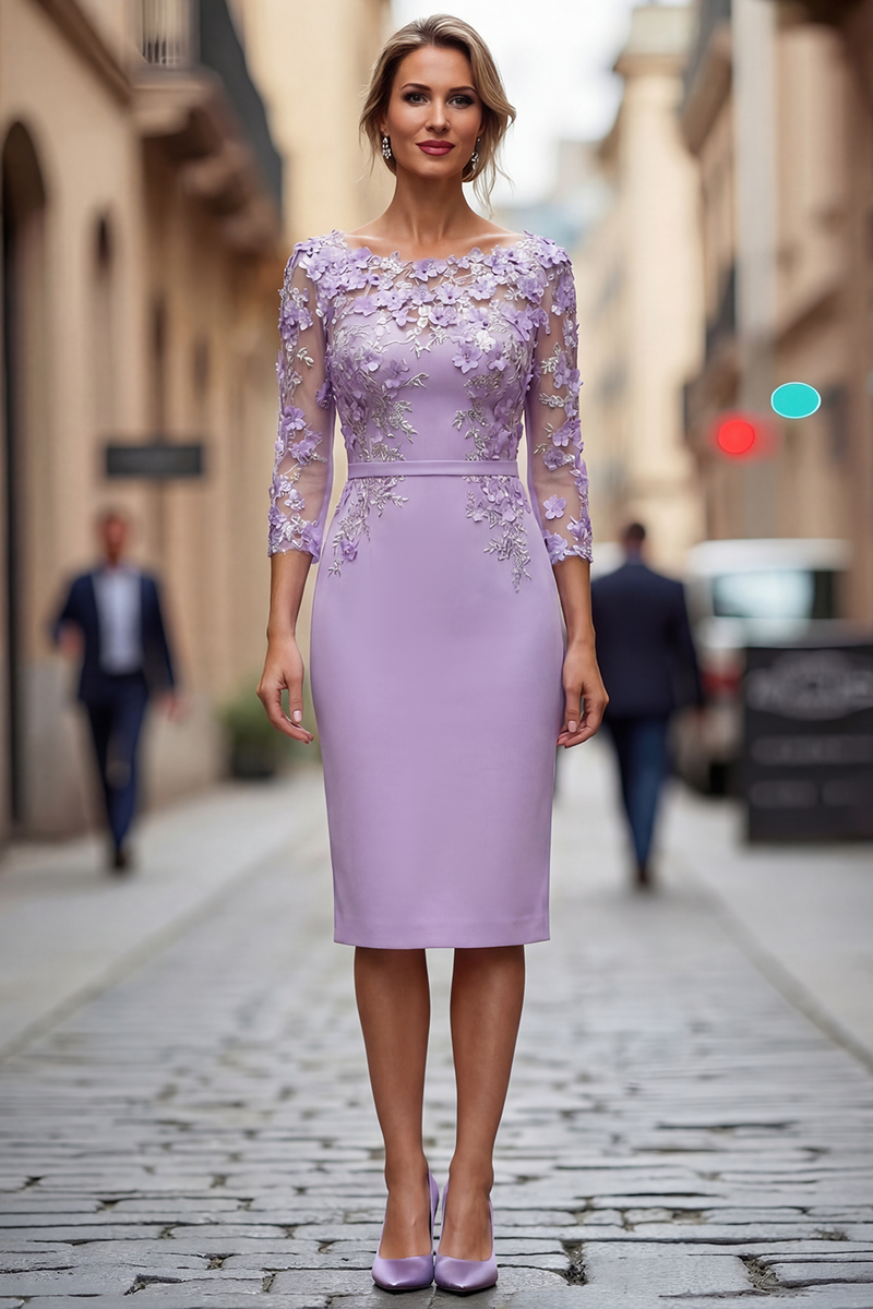 Laden Sie das Bild in den Galerie-Viewer, Hellblaues Bateau-Ausschnitt Bodycon Midi Mutter-der-Braut-Kleid mit 3/4-Ärmeln