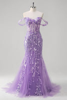 Laden Sie das Bild in den Galerie-Viewer, Blaues Meerjungfrau Schulterfreies Pailletten Korsett Ballkleid mit Blumenmuster