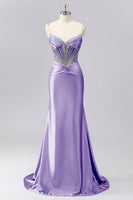 Laden Sie das Bild in den Galerie-Viewer, Glitzerndes Graues Blaues Meerjungfrauen Korsett Gerafftes Satin Langes Ballkleid mit Strasssteinen