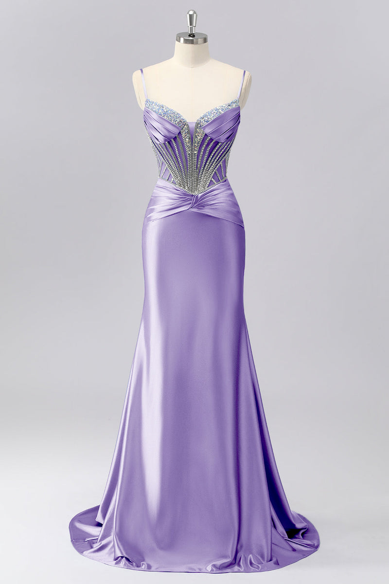 Laden Sie das Bild in den Galerie-Viewer, Glitzerndes Graues Blaues Meerjungfrauen Korsett Gerafftes Satin Langes Ballkleid mit Strasssteinen