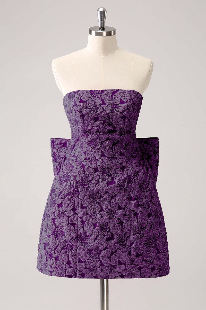 Laden Sie das Bild in den Galerie-Viewer, Dunkelgrünes Trägerloses Kurzes Cocktailkleid aus Blumenbrokat mit riesiger Schleife