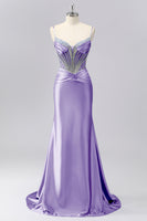 Laden Sie das Bild in den Galerie-Viewer, Glitzerndes Grau-blaues Spaghettiträger Meerjungfrauen Satin Ballkleid mit Strasssteinen