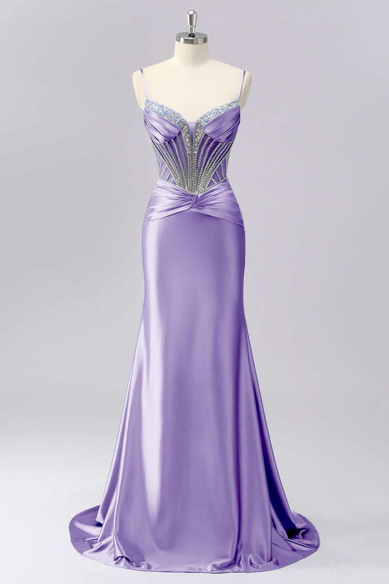 Laden Sie das Bild in den Galerie-Viewer, Glitzerndes Grau-blaues Spaghettiträger Meerjungfrauen Satin Ballkleid mit Strasssteinen