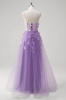 Laden Sie das Bild in den Galerie-Viewer, Blaues Langes A-Linie Korsett Tüll Ballkleid mit Spaghettiträgern und Applikationen