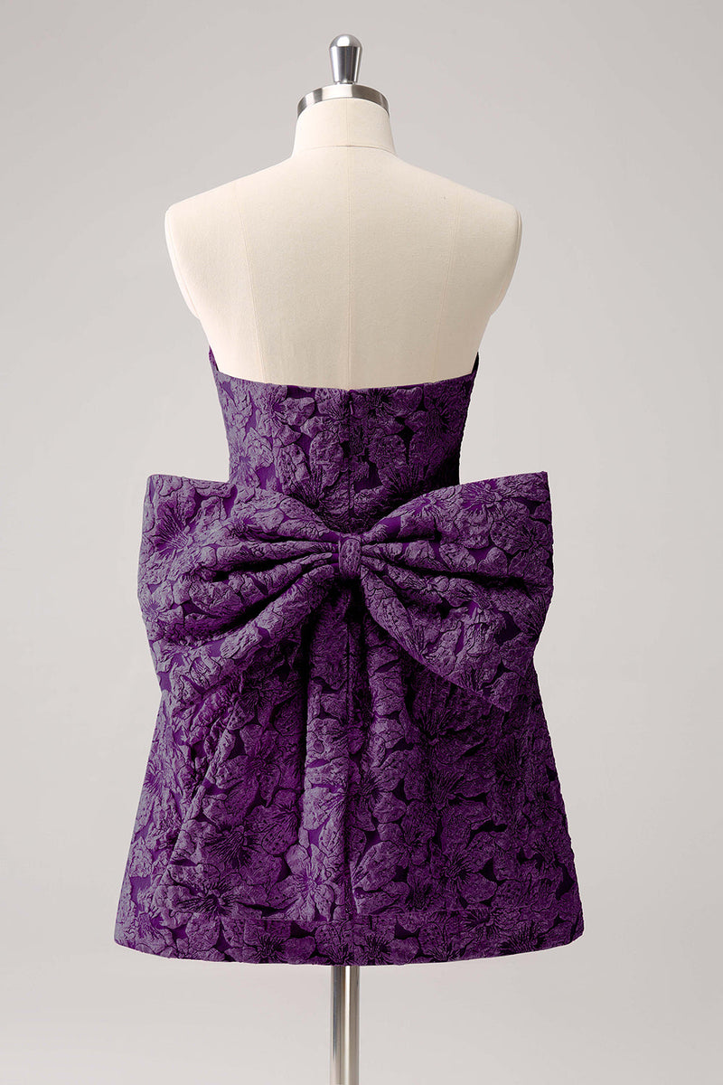 Laden Sie das Bild in den Galerie-Viewer, Dunkelgrünes Trägerloses Kurzes Cocktailkleid aus Blumenbrokat mit riesiger Schleife