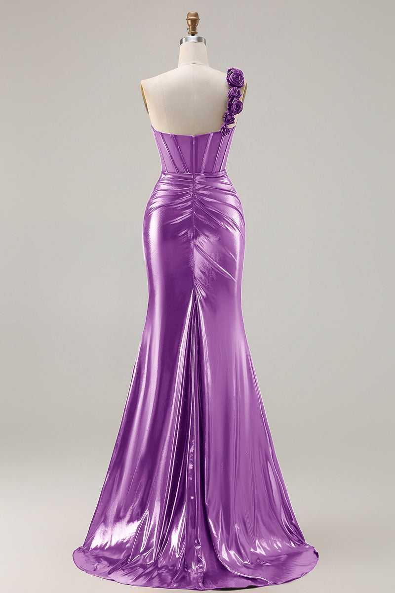Laden Sie das Bild in den Galerie-Viewer, Metallisches Burgunderrotes Meerjungfrauen Langes Ballkleid mit seitlichem Schlitz und 3D-Blumen