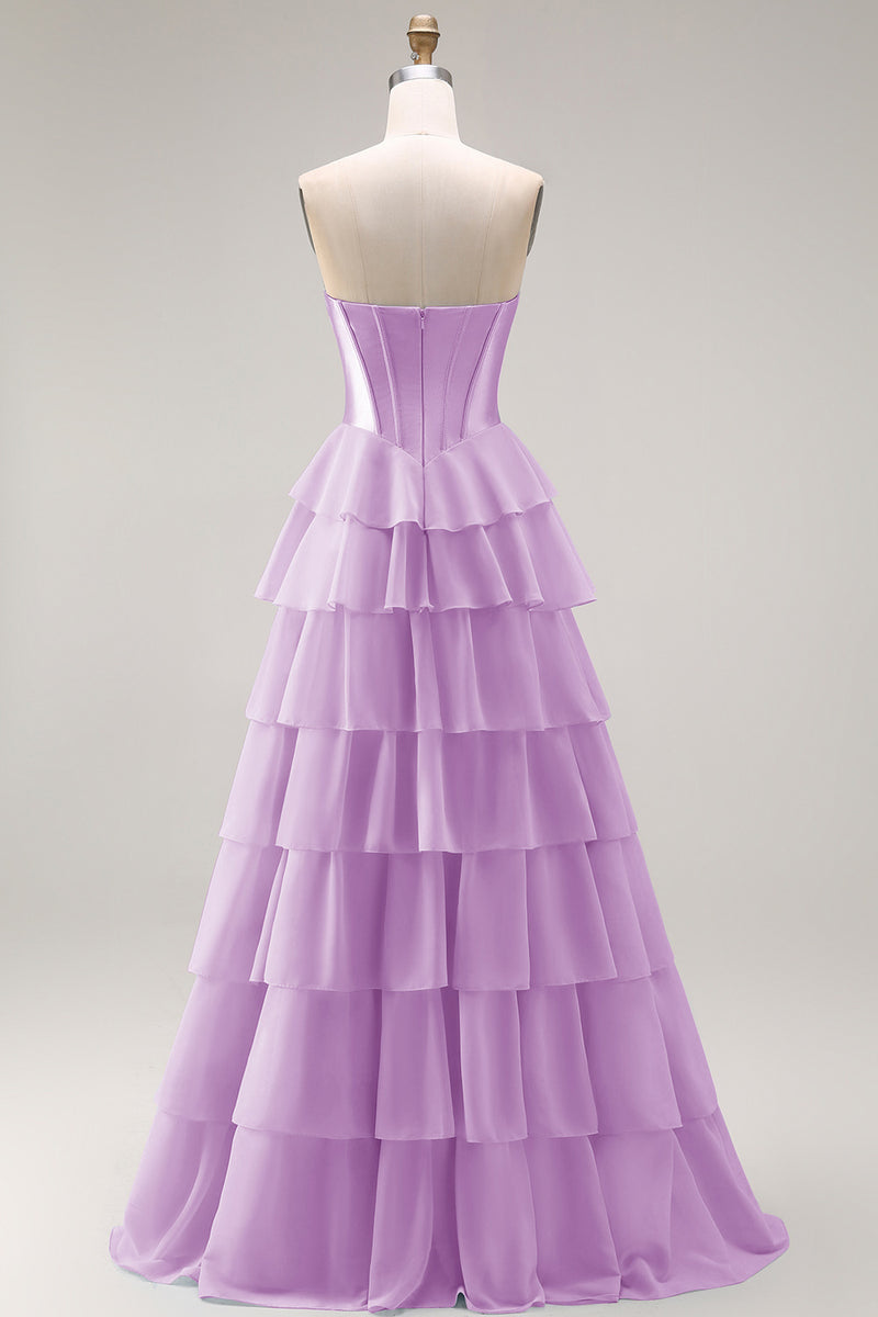 Laden Sie das Bild in den Galerie-Viewer, Rosa Trägerloses A-Linie Korsett Pailletten Langes Ballkleid mit Schlitz