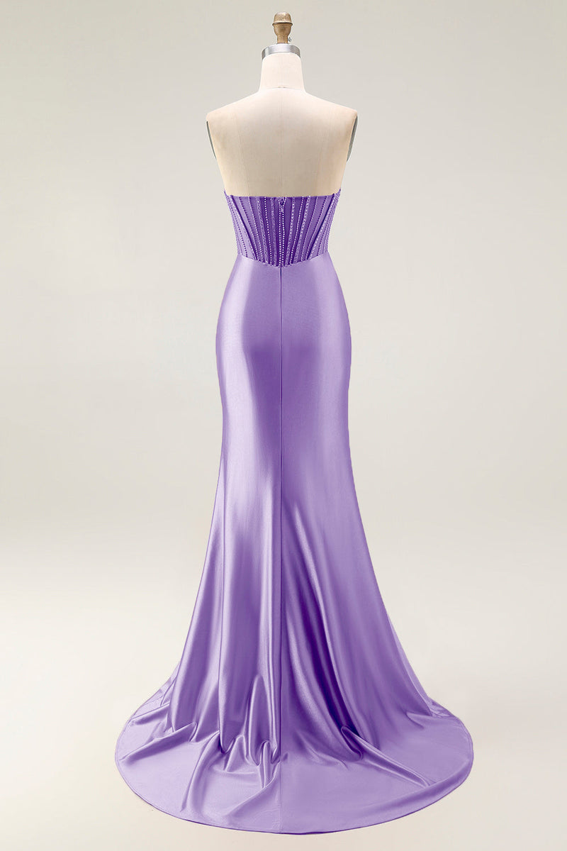 Laden Sie das Bild in den Galerie-Viewer, Blush Meerjungfrauen Transparentes Trägerloses Langes Ballkleid mit perlenbesetztem Korsett und Schlitz