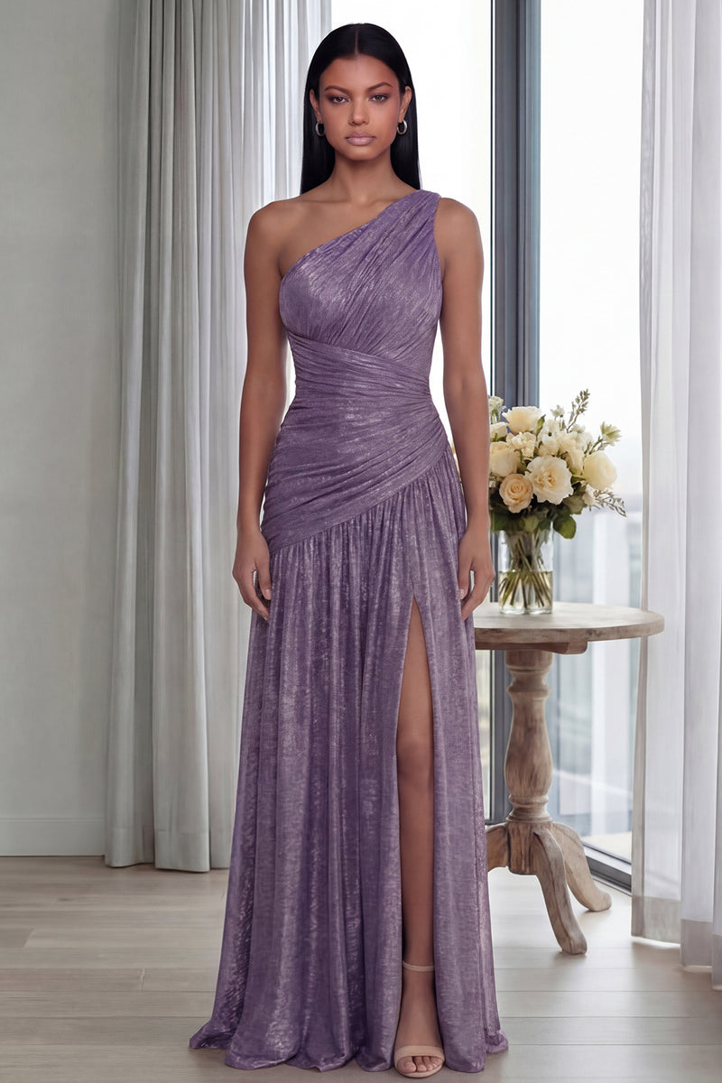 Laden Sie das Bild in den Galerie-Viewer, Golden Einschulteriges Falten Langes Festkleid mit Schlitz
