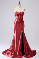 Laden Sie das Bild in den Galerie-Viewer, Fuchsia Trägerloses Satin Meerjungfrauen Korsett Langes Übergröße Ballkleid mit Schlitz