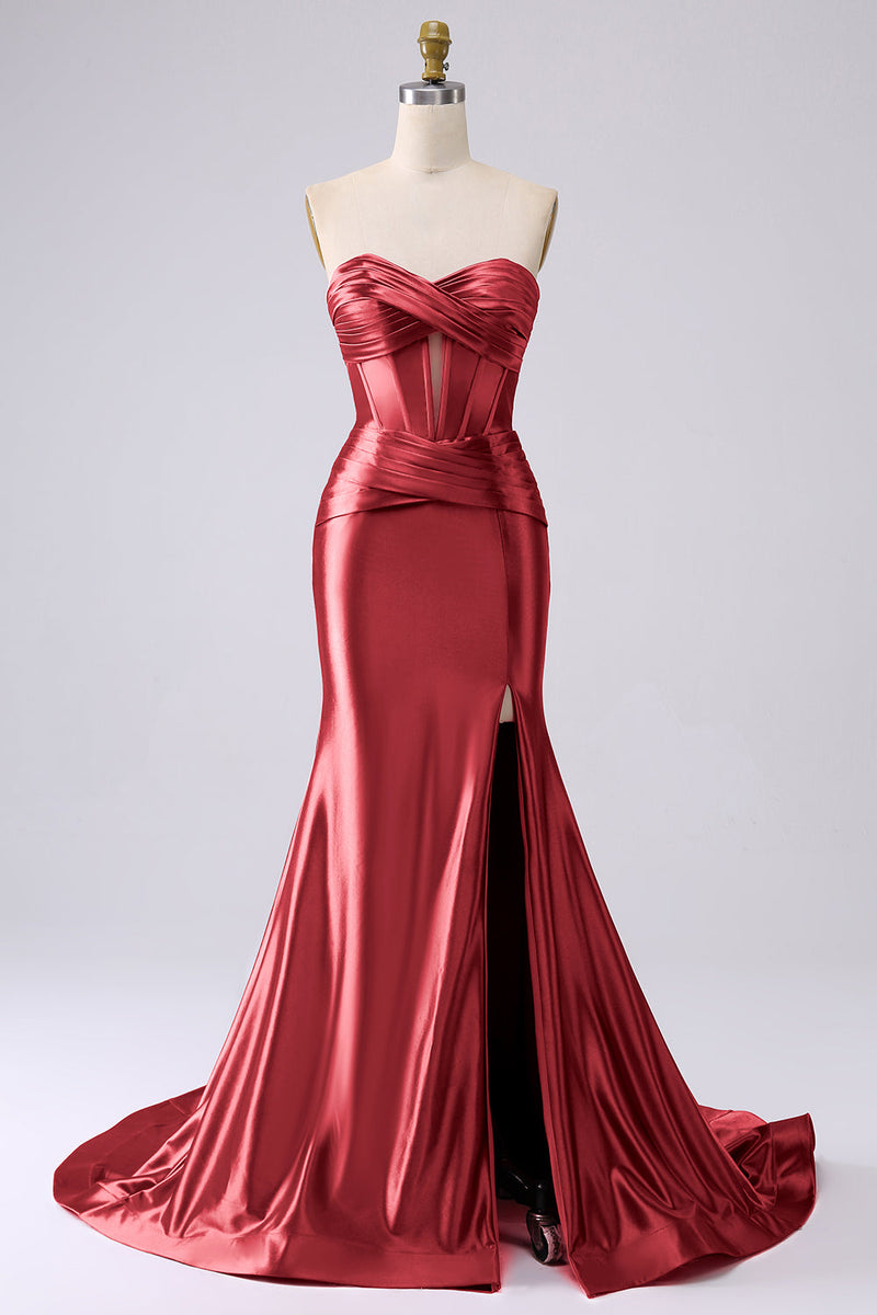 Laden Sie das Bild in den Galerie-Viewer, Fuchsia Trägerloses Satin Meerjungfrauen Korsett Langes Übergröße Ballkleid mit Schlitz
