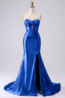 Laden Sie das Bild in den Galerie-Viewer, Fuchsia Trägerloses Satin Meerjungfrauen Korsett Langes Übergröße Ballkleid mit Schlitz