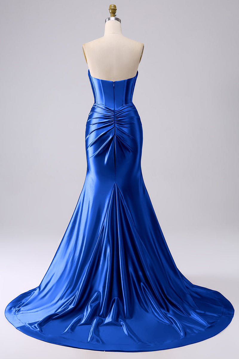Laden Sie das Bild in den Galerie-Viewer, Fuchsia Trägerloses Satin Meerjungfrauen Korsett Langes Übergröße Ballkleid mit Schlitz