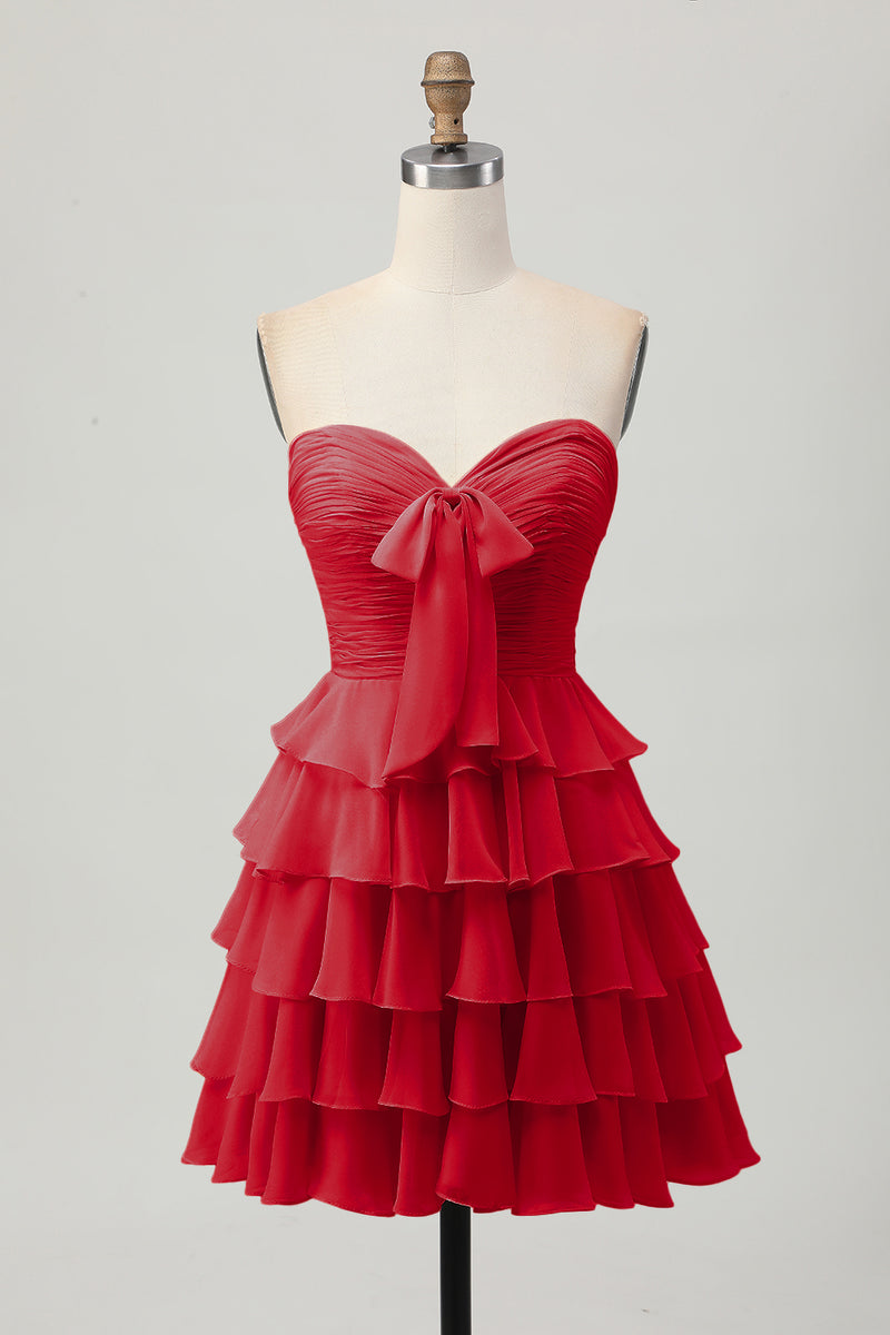 Laden Sie das Bild in den Galerie-Viewer, Gelbes Trägerloses A-Linie Stufen Cocktailkleid mit Schleife