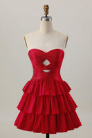 Laden Sie das Bild in den Galerie-Viewer, Orange A-Linie Trägerloses Gestuftes Abiballkleid mit Perlenstickerei