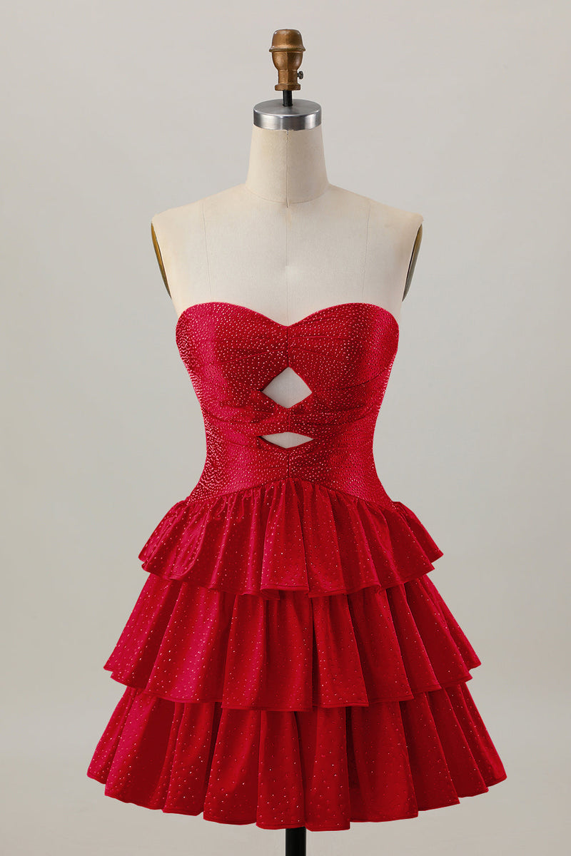 Laden Sie das Bild in den Galerie-Viewer, Orange A-Linie Trägerloses Gestuftes Abiballkleid mit Perlenstickerei