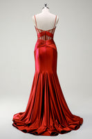 Laden Sie das Bild in den Galerie-Viewer, Königsblaues Meerjungfrau Spaghettiträger Satin Korsett Langes Ballkleid mit Schlitz