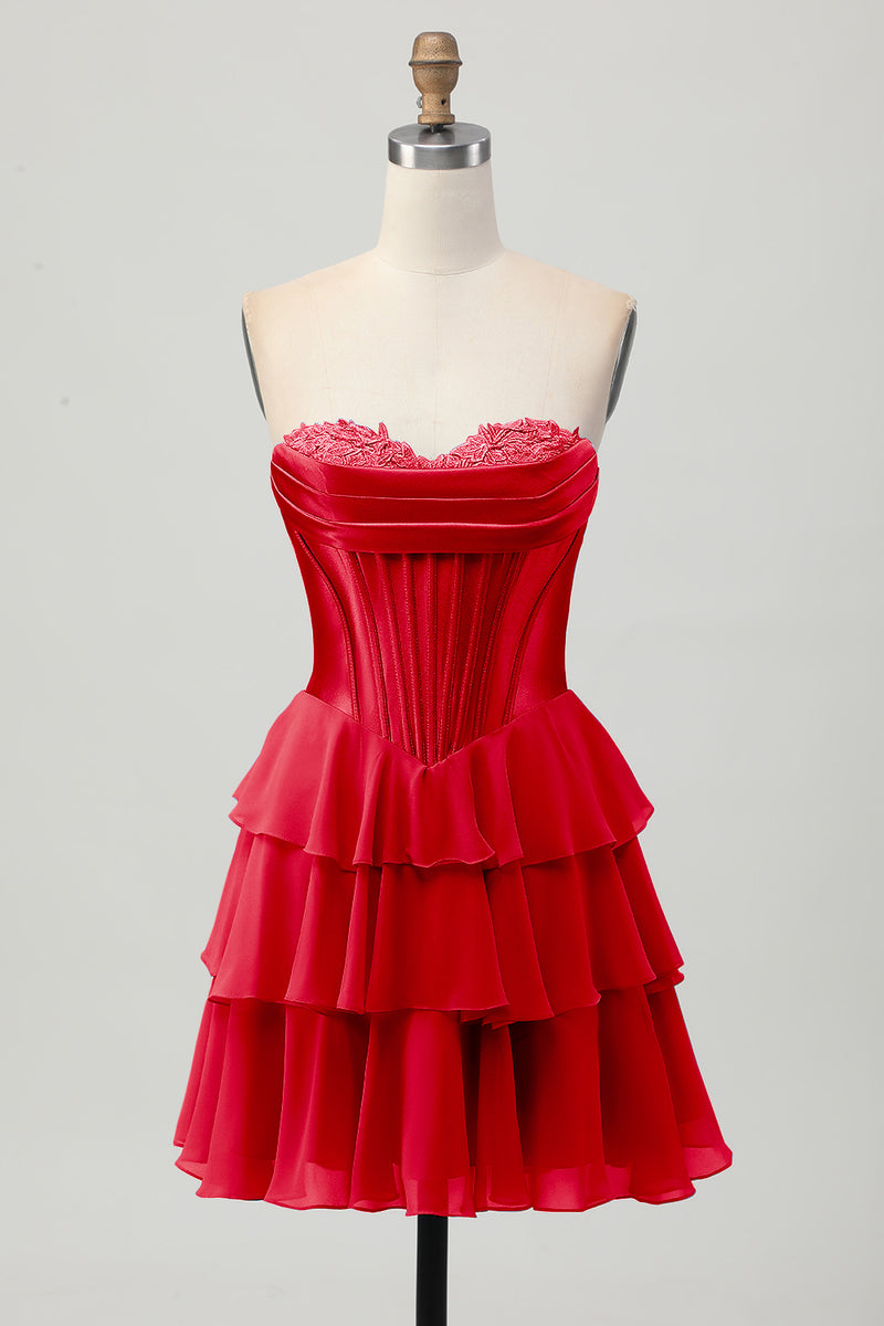 Laden Sie das Bild in den Galerie-Viewer, Fuchsia Kurzes A-Linie Trägerloses Korsett Gestuftes Cocktailkleid