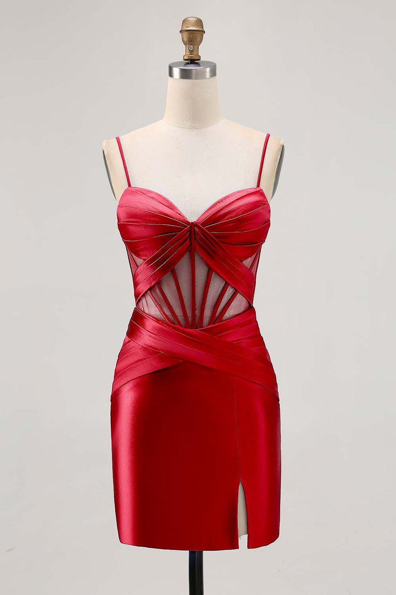 Laden Sie das Bild in den Galerie-Viewer, Königsblaues Durchsichtiges Korsett Plissee Cocktailkleid mit Schlitz