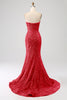 Laden Sie das Bild in den Galerie-Viewer, Fuchsia Herzausschnitt Pailletten Meerjungfrau Ballkleid mit Pinsel Schleppe
