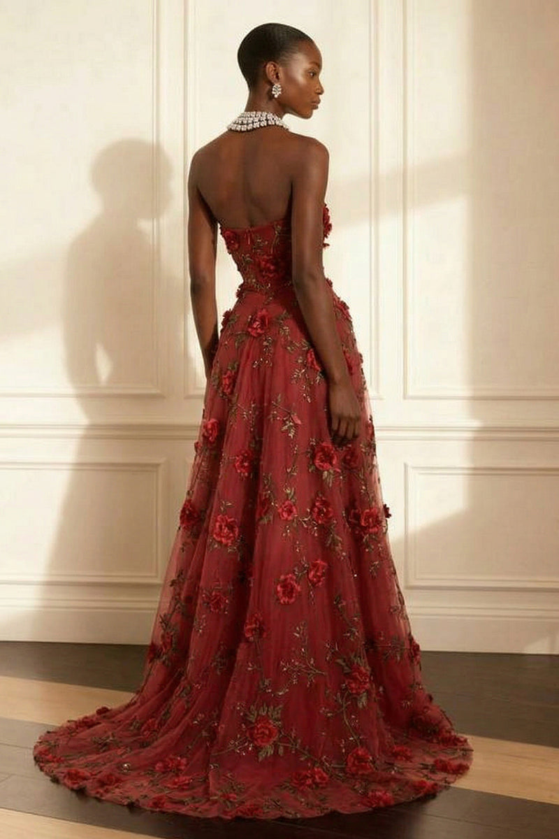 Laden Sie das Bild in den Galerie-Viewer, Lila Trägerloses Appliziertes Langes Ballkleid in A-Linie mit 3D-Blumen