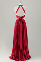 Laden Sie das Bild in den Galerie-Viewer, Grau Blau A-Linie Neckholder Langes Brautjungfernkleid mit Schlitz