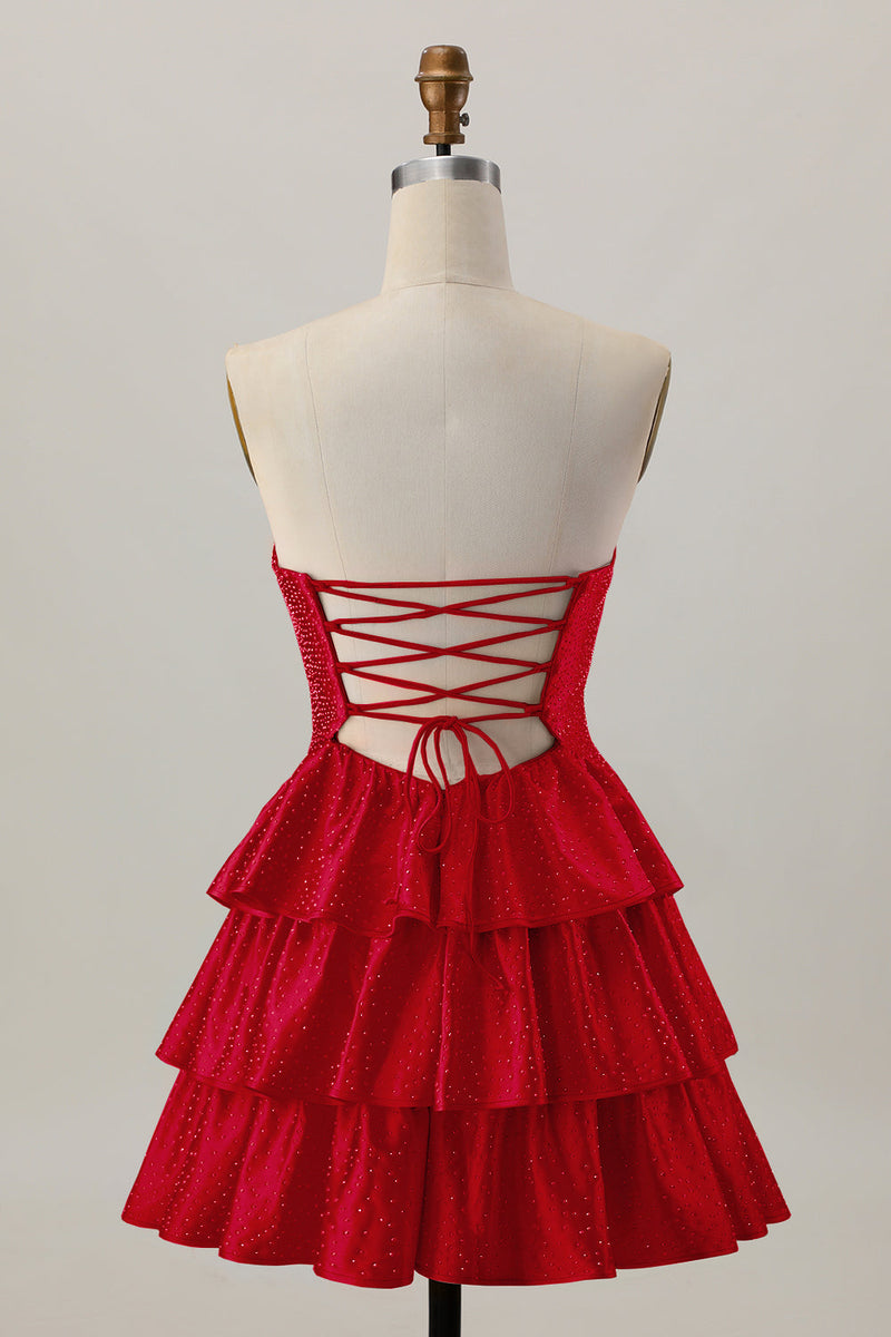 Laden Sie das Bild in den Galerie-Viewer, Orange A-Linie Trägerloses Gestuftes Abiballkleid mit Perlenstickerei