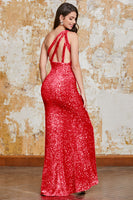 Laden Sie das Bild in den Galerie-Viewer, Glitzerndes Langes Meerjungfrauen fuchsia Spaghettiträger V-Ausschnitt Pailletten Ballkleid mit Schlitz