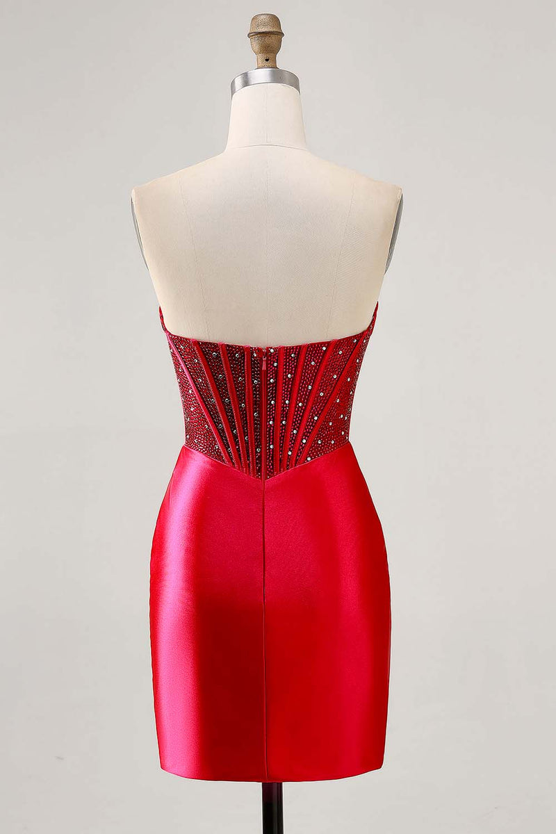 Laden Sie das Bild in den Galerie-Viewer, Glitzerndes Fuchsia Korsett Enges Kurzes Abiballkleid aus Satin