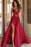 Laden Sie das Bild in den Galerie-Viewer, A Linie Rosa Plissee Ballkleid mit V-Ausschnitt und Schlitz