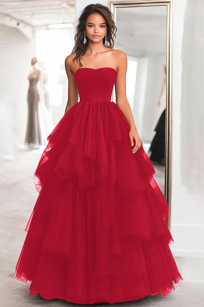 Laden Sie das Bild in den Galerie-Viewer, Prinzessin Schwarzes Trägerloses Langes Gestuftes Tüll Ballkleid mit Rüschen