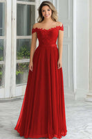 Laden Sie das Bild in den Galerie-Viewer, Elegantes Langes A-Linie Schulterfreies Marineblaues Chiffon Brautmutterkleid mit Spitzenapplikationen