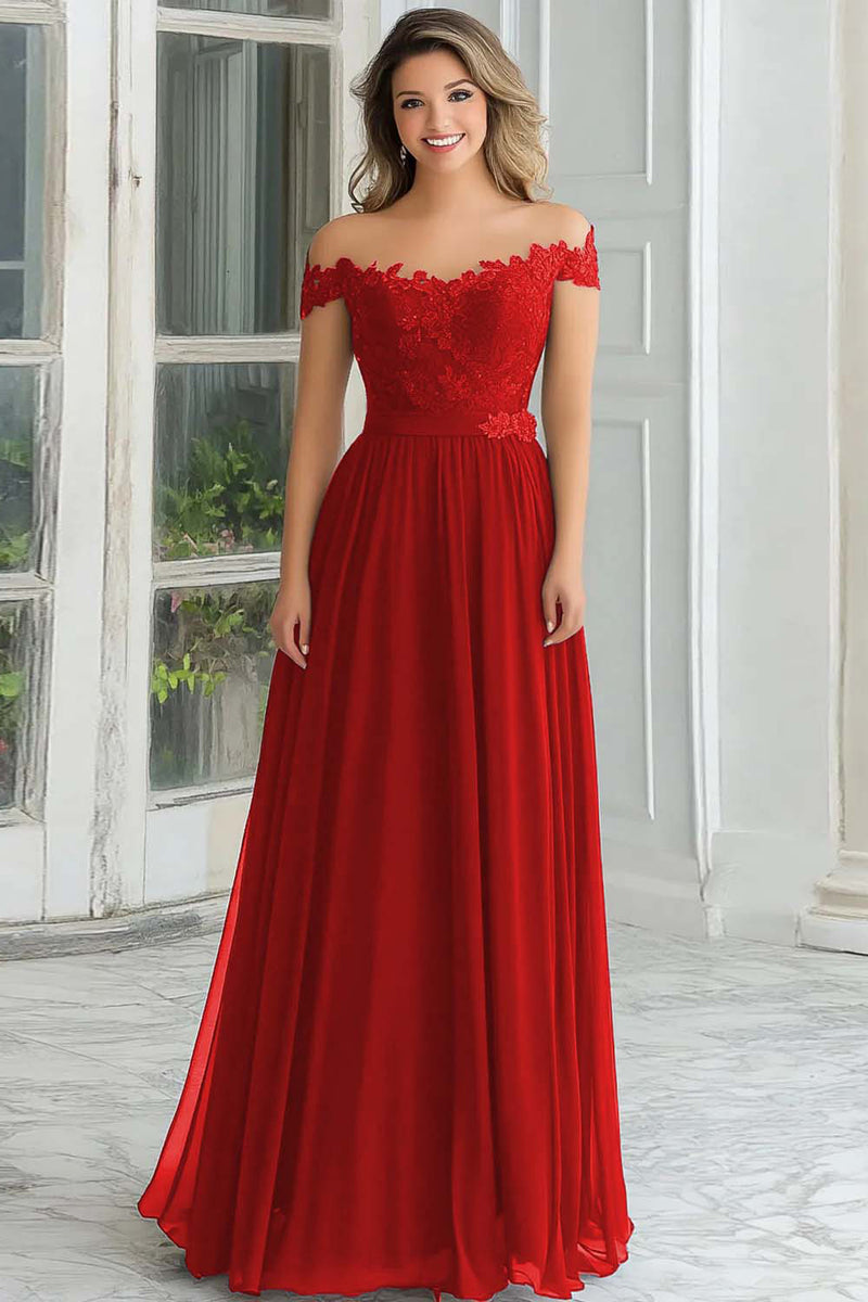 Laden Sie das Bild in den Galerie-Viewer, Elegantes Langes A-Linie Schulterfreies Marineblaues Chiffon Brautmutterkleid mit Spitzenapplikationen