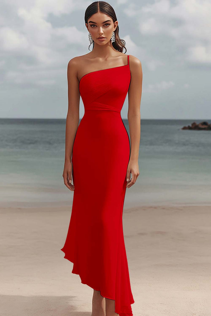 Laden Sie das Bild in den Galerie-Viewer, Meerjungfrau Weißes Langes Standesamtkleid mit einer Schulter und Rüschen