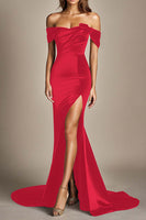 Laden Sie das Bild in den Galerie-Viewer, Schulterfreies Meerjungfrau Schwarzes Ballkleid mit Schlitz