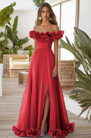 Laden Sie das Bild in den Galerie-Viewer, Schulterfreies Blaues A-Linie Ballkleid mit Schlitz