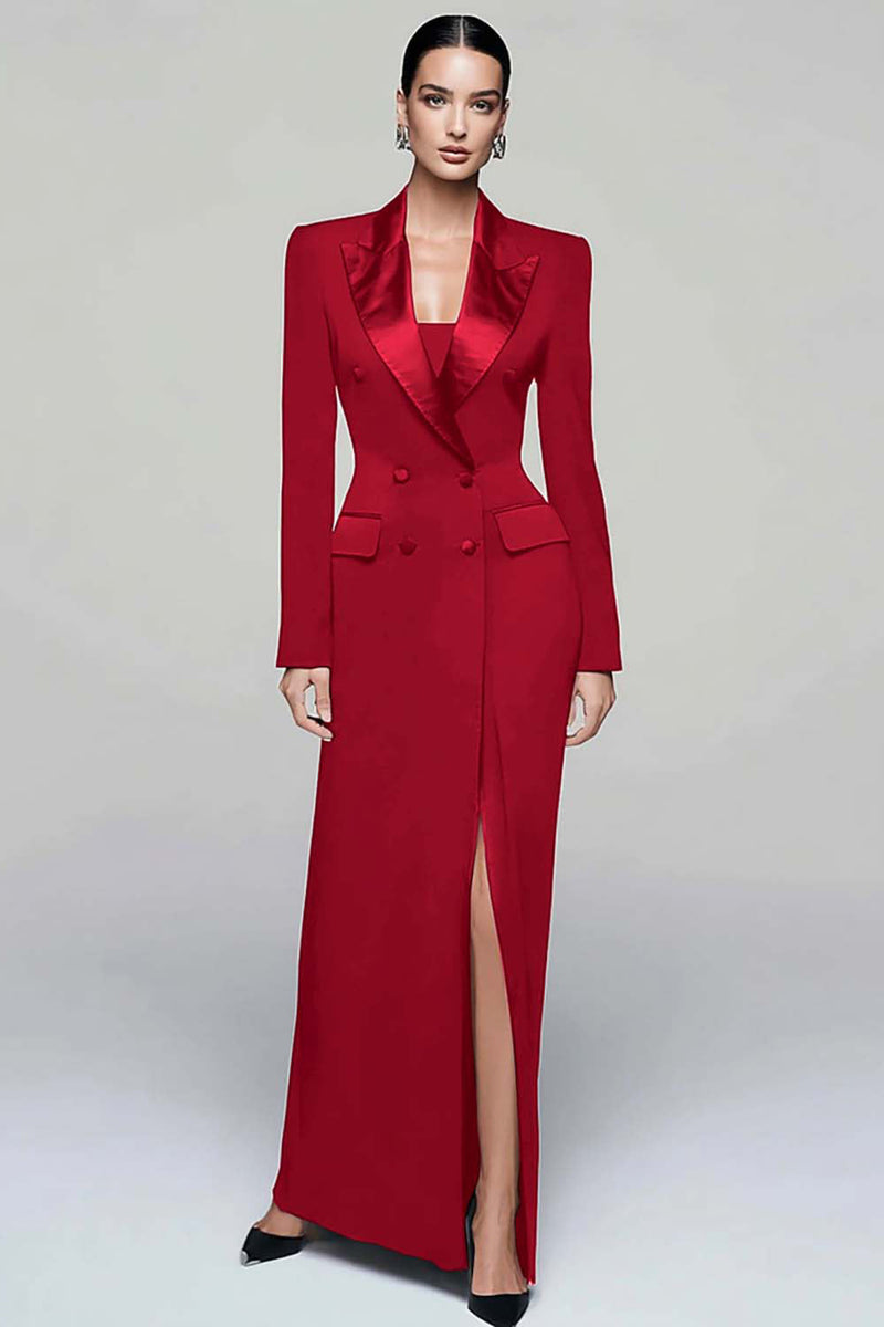 Laden Sie das Bild in den Galerie-Viewer, Schwarzes Zweireihiges Damen Blazerkleid mit Schlitz mit Spitzrevers